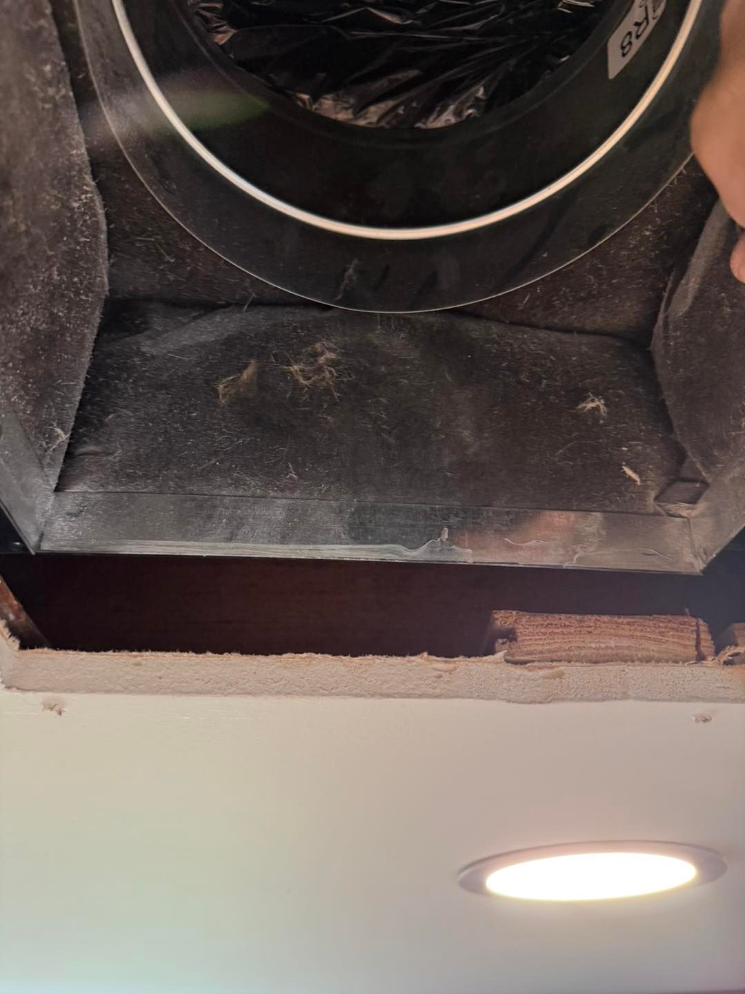 Interior view of ductwork in a ceiling. Black vent, white light, and exposed wood framing.