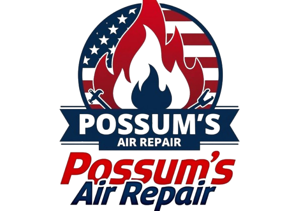 Logo: Possum's Air Repair. Features flame, American flag circle, tools, and company name in red and blue.