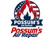 Logo: Possum's Air Repair. Features flame, American flag circle, tools, and company name in red and blue.
