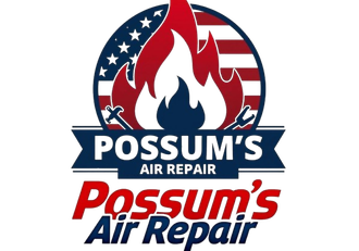 Logo: Possum's Air Repair. Features flame, American flag circle, tools, and company name in red and blue.