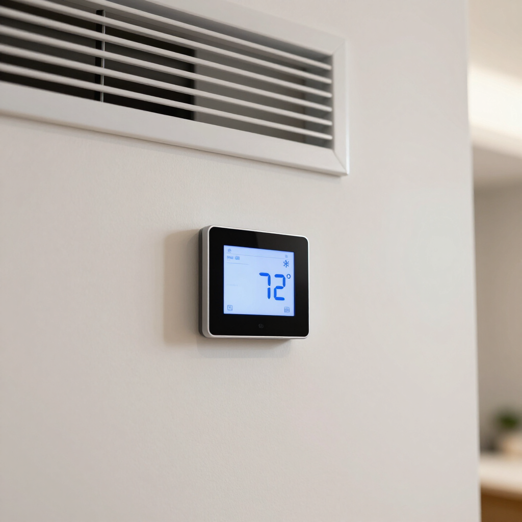 Wall thermostat showing 72° below a white air vent on a beige wall
