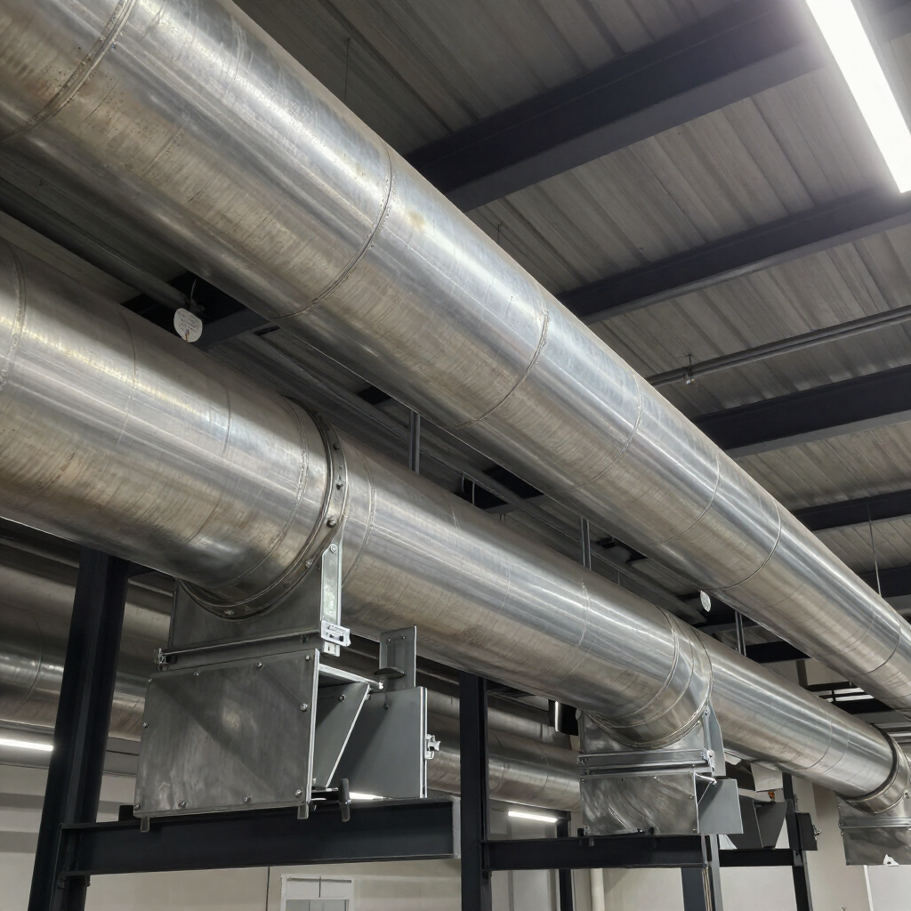 Industrial ceiling with large silver HVAC ductwork and black support beams in a warehouse-like space