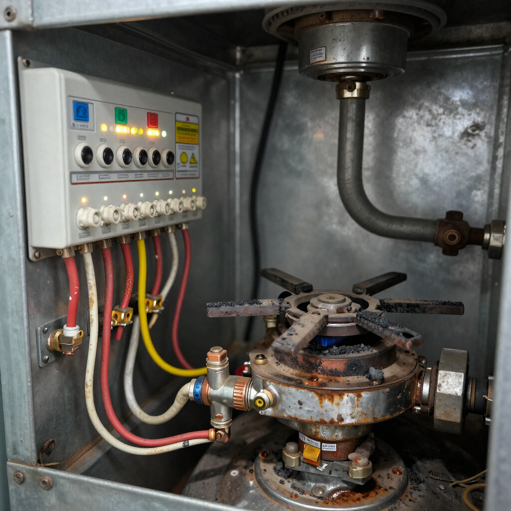 Rusty industrial gas valve assembly inside a metal control cabinet with wiring and gauges