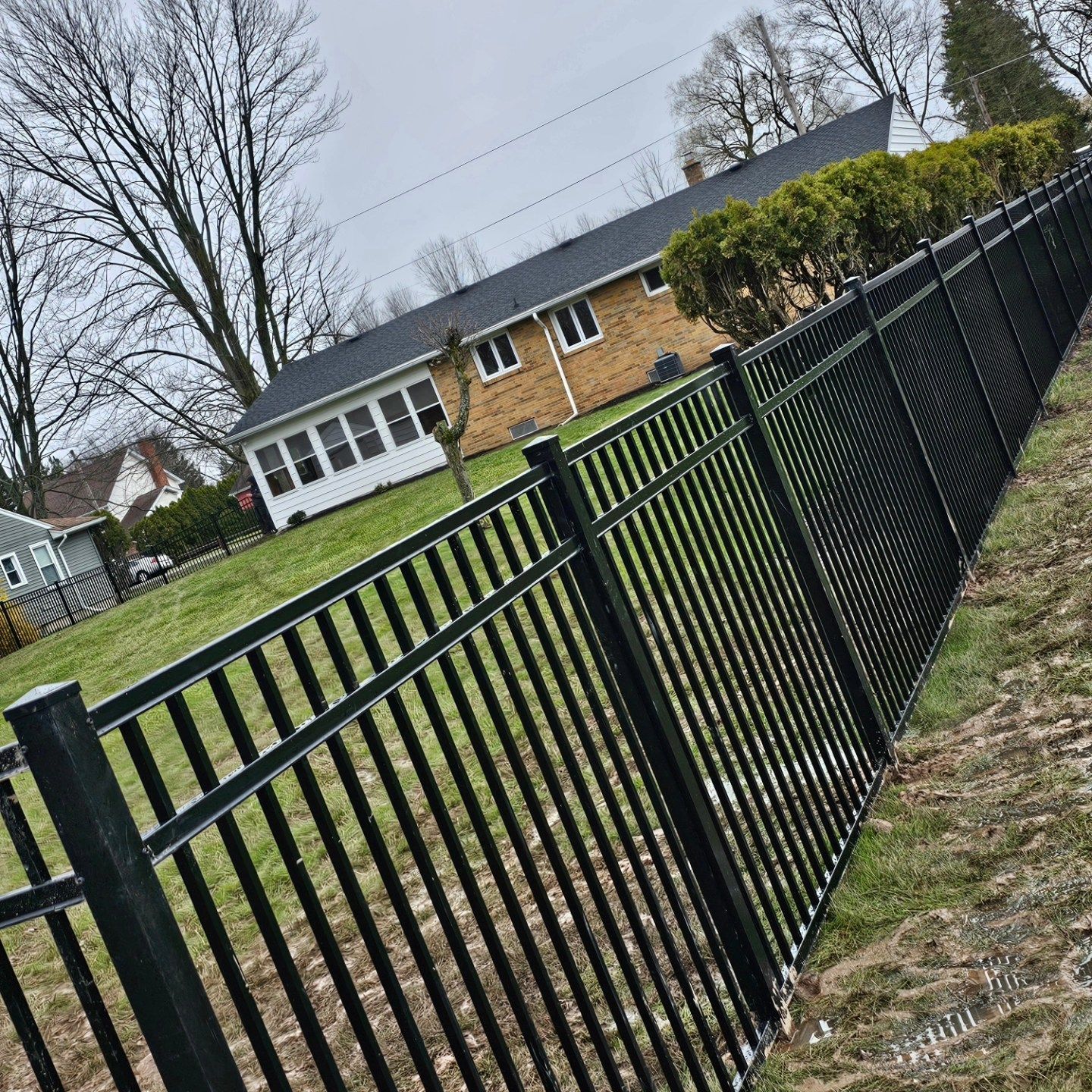 Black metal fence along a grassy yard beside a tan house on a cloudy day