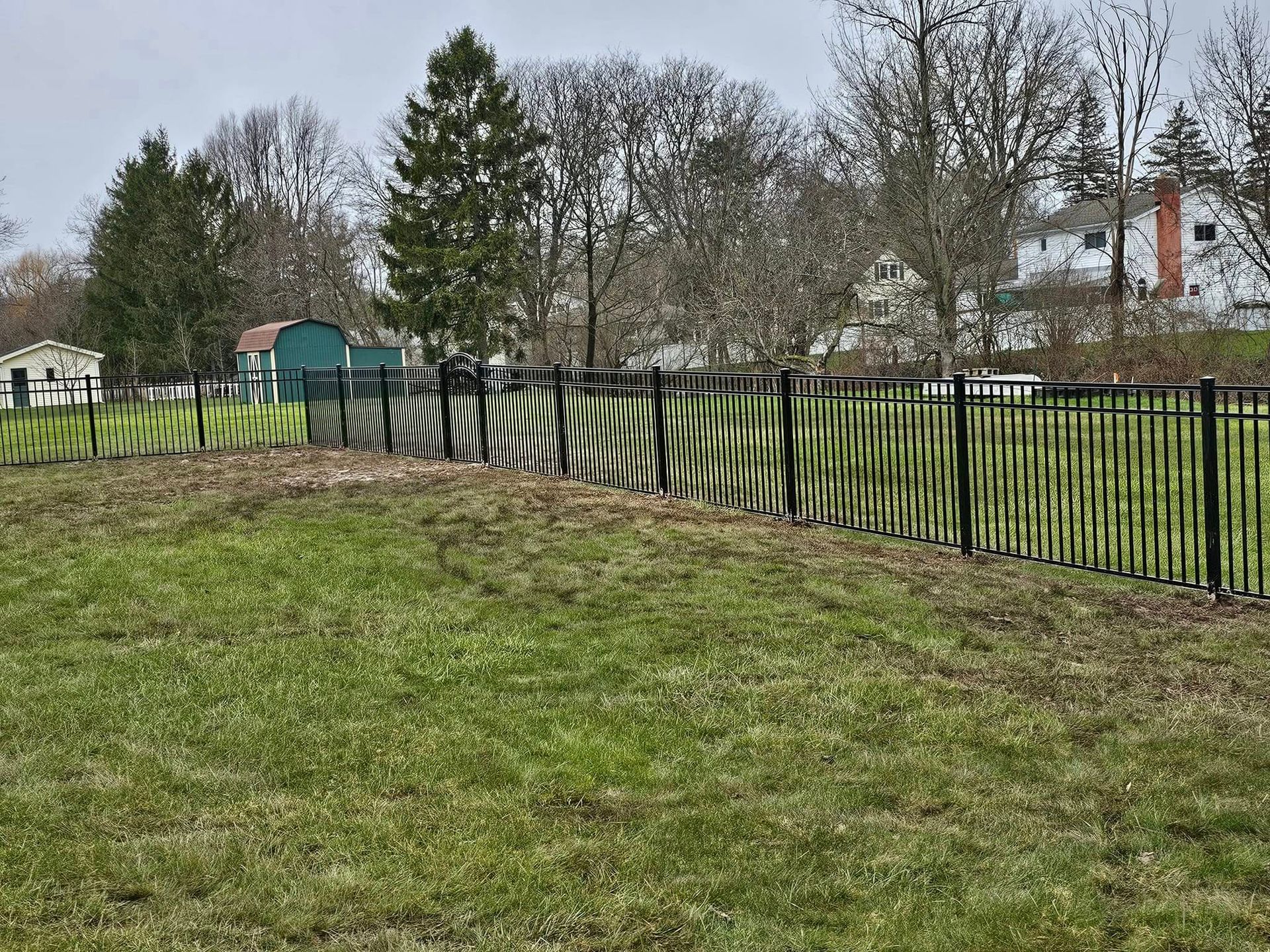 Black metal fence along a grassy field with leafless trees and a small green shed under an overcast sky