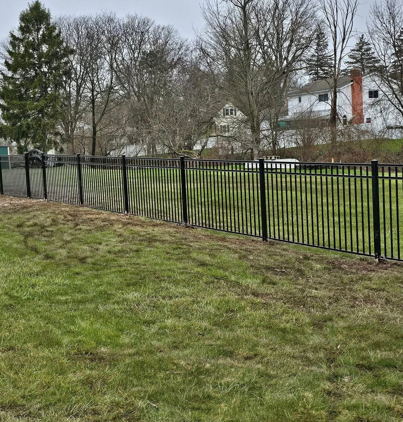 Snowy grassy field beside a black metal fence and leafless trees under a gray sky
