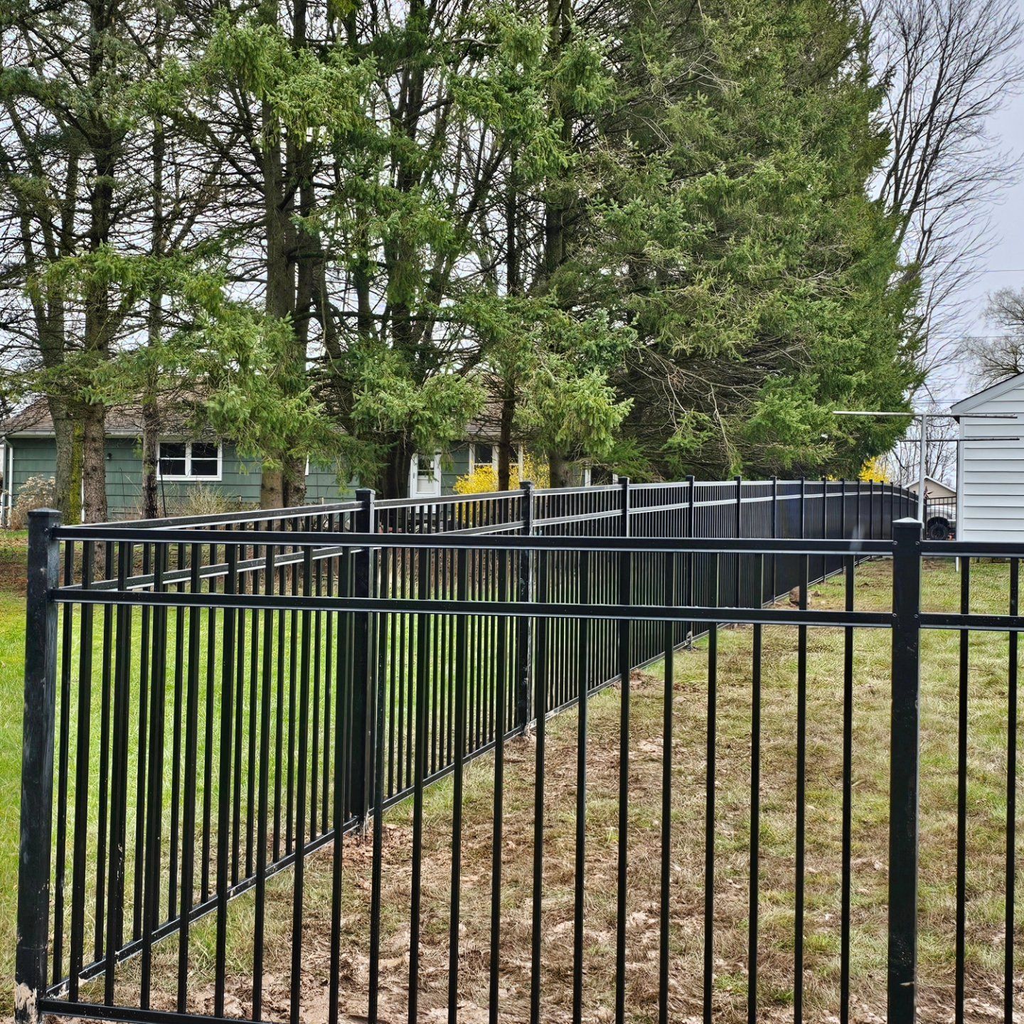 Black metal fence along a grassy yard with trees and houses in the background