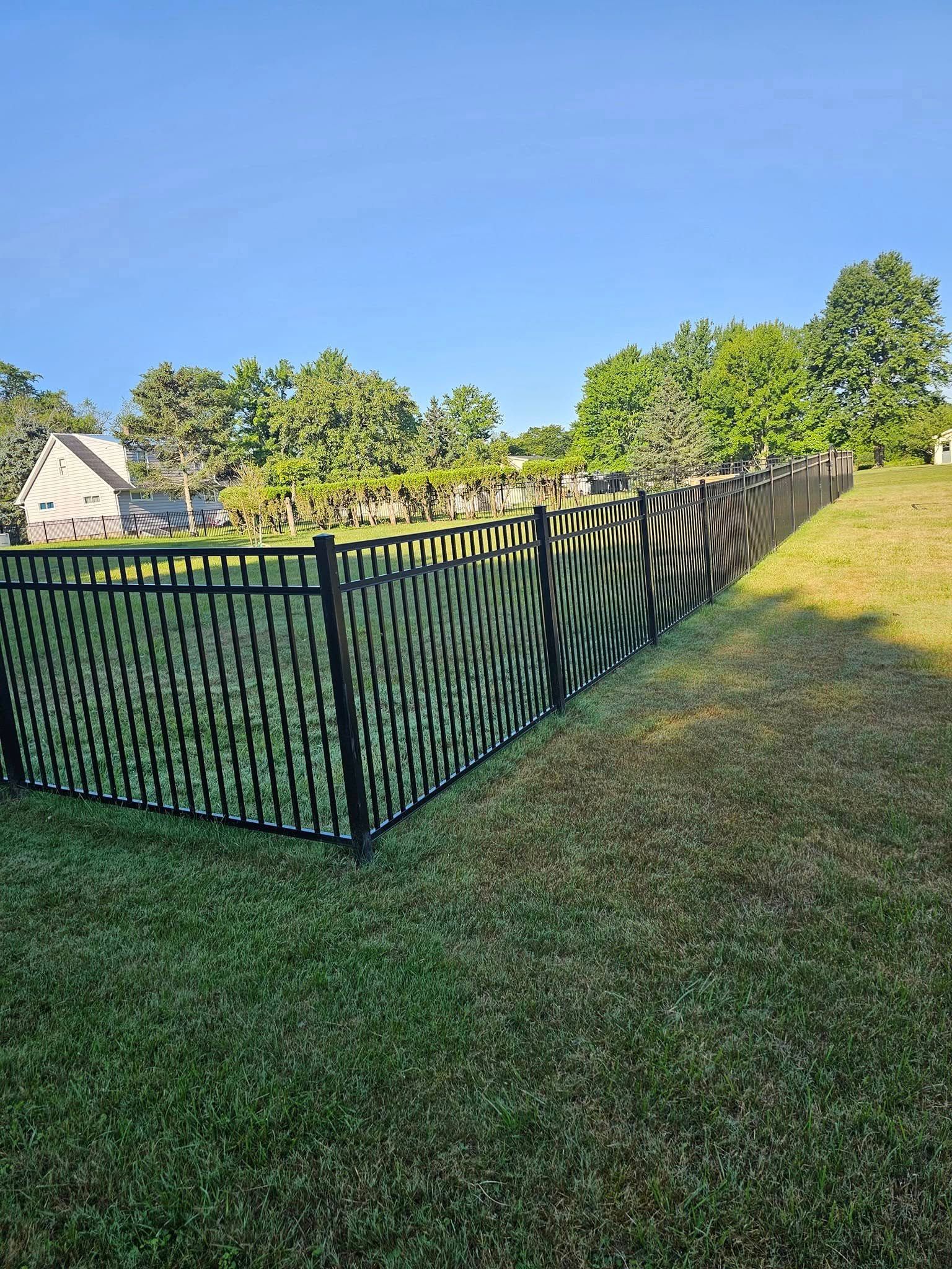 Black chain-link fence around a grassy yard under a clear blue sky