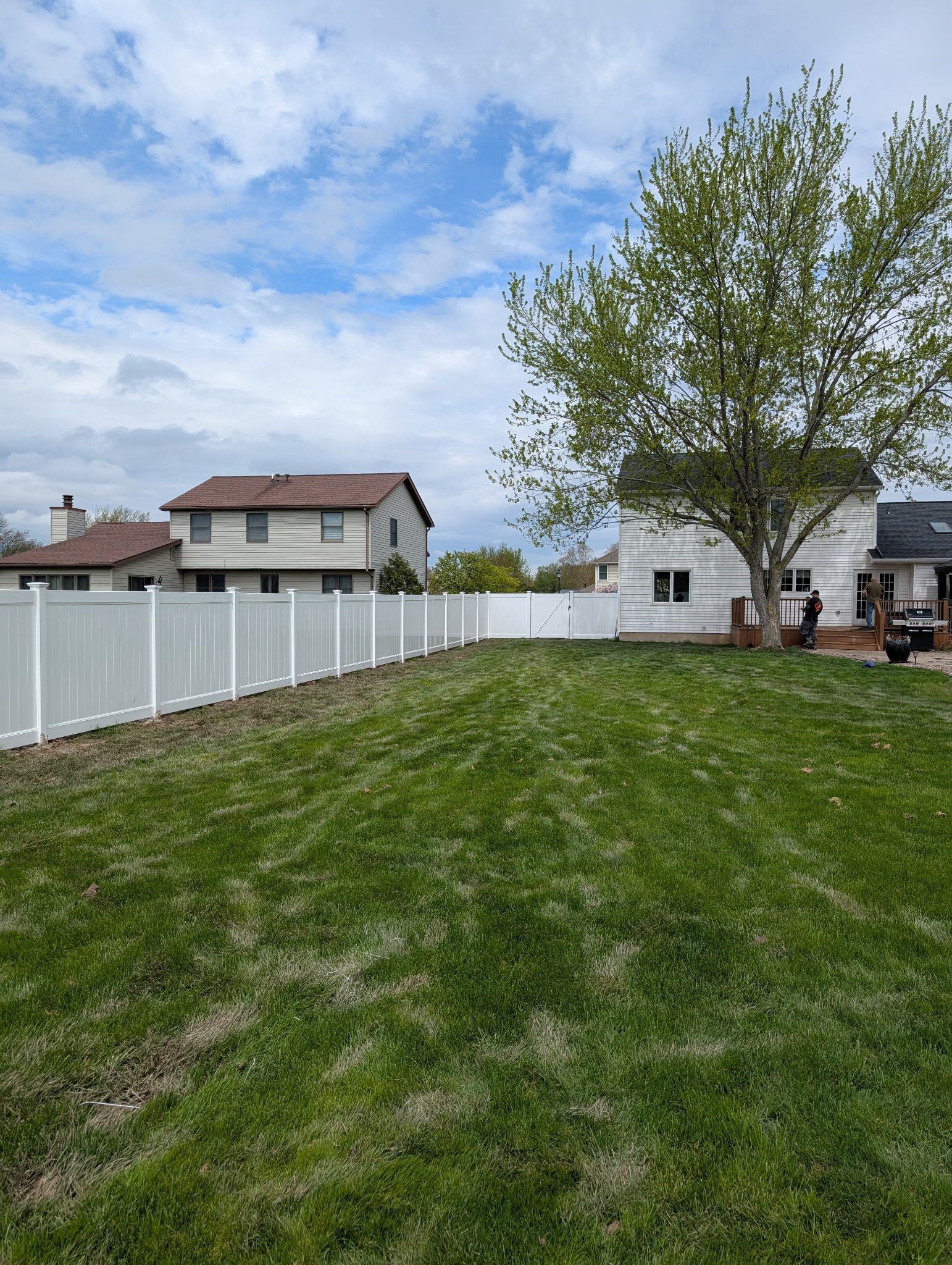 Backyard with green lawn, white fence, small white shed, and a tree under a cloudy sky.