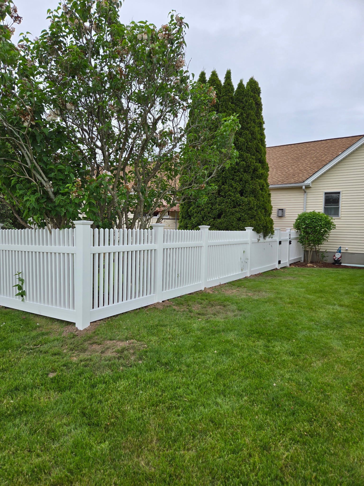 White picket fence beside a green lawn, with trees and a beige house in the background.