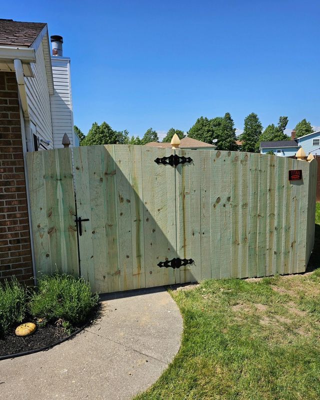 Light green wooden backyard gate with black hinges beside a curved concrete path and lawn