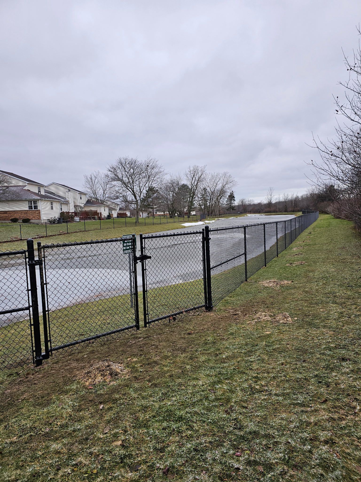 Tree-lined path beside a black metal fence and calm water under a gray sky