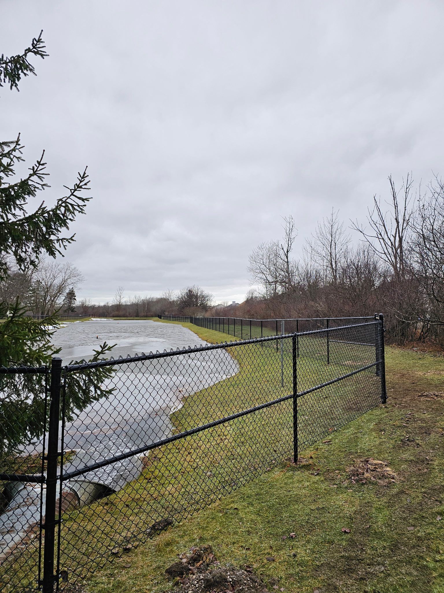 Chain-link fence beside a grassy path and a pond under a cloudy sky