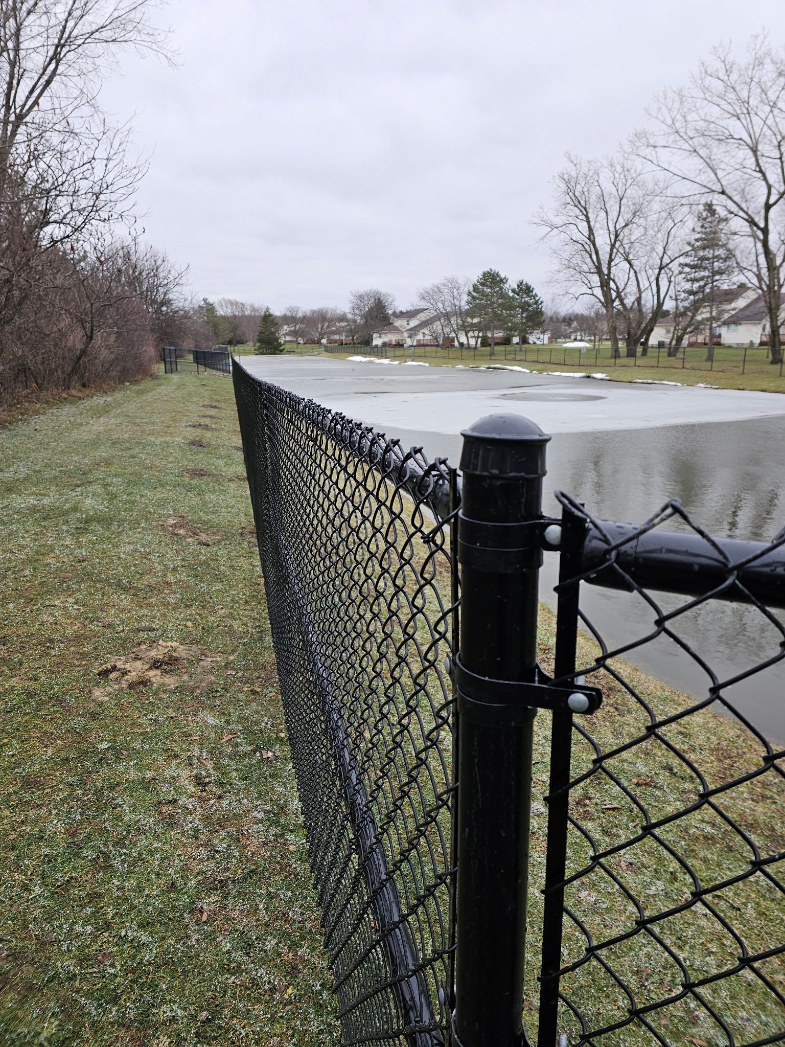 Chain-link fence beside a wet road in a leafless, grassy park on an overcast day