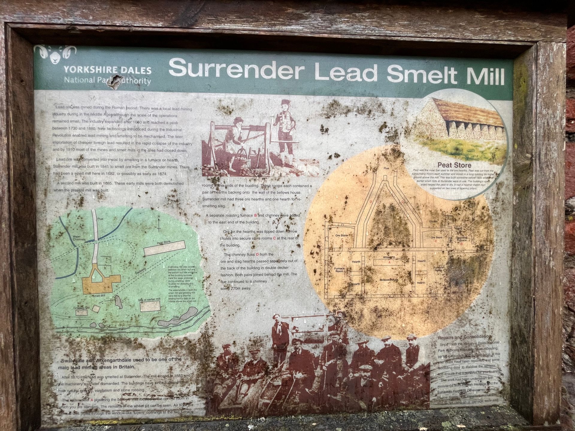 A weathered information sign about Surrender Lead Smelt Mill in the Yorkshire Dales, featuring text, maps, and illustrations.