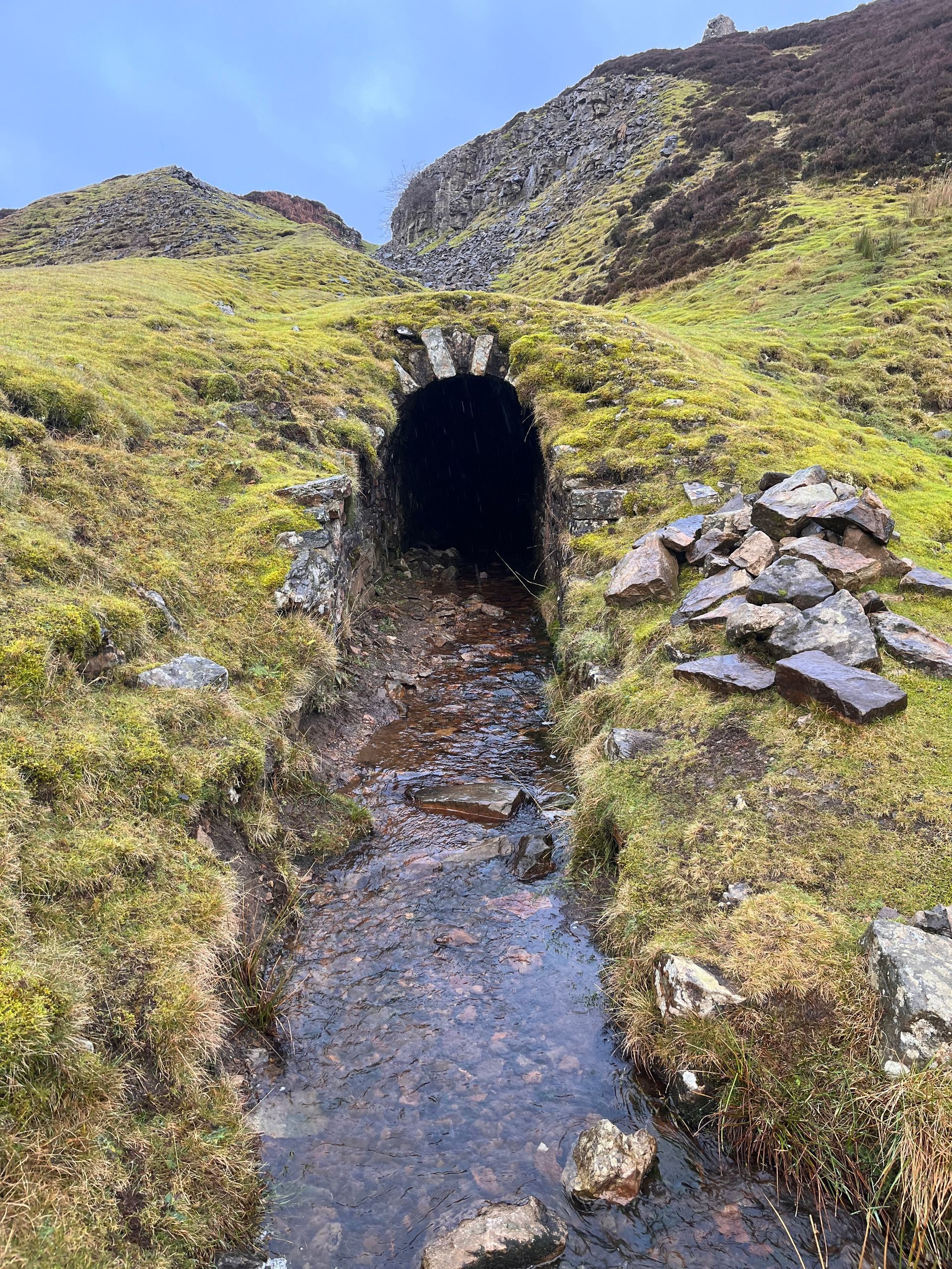 A dark stone tunnel entrance at the base of a grassy, mossy hillside with a small stream flowing out of it.