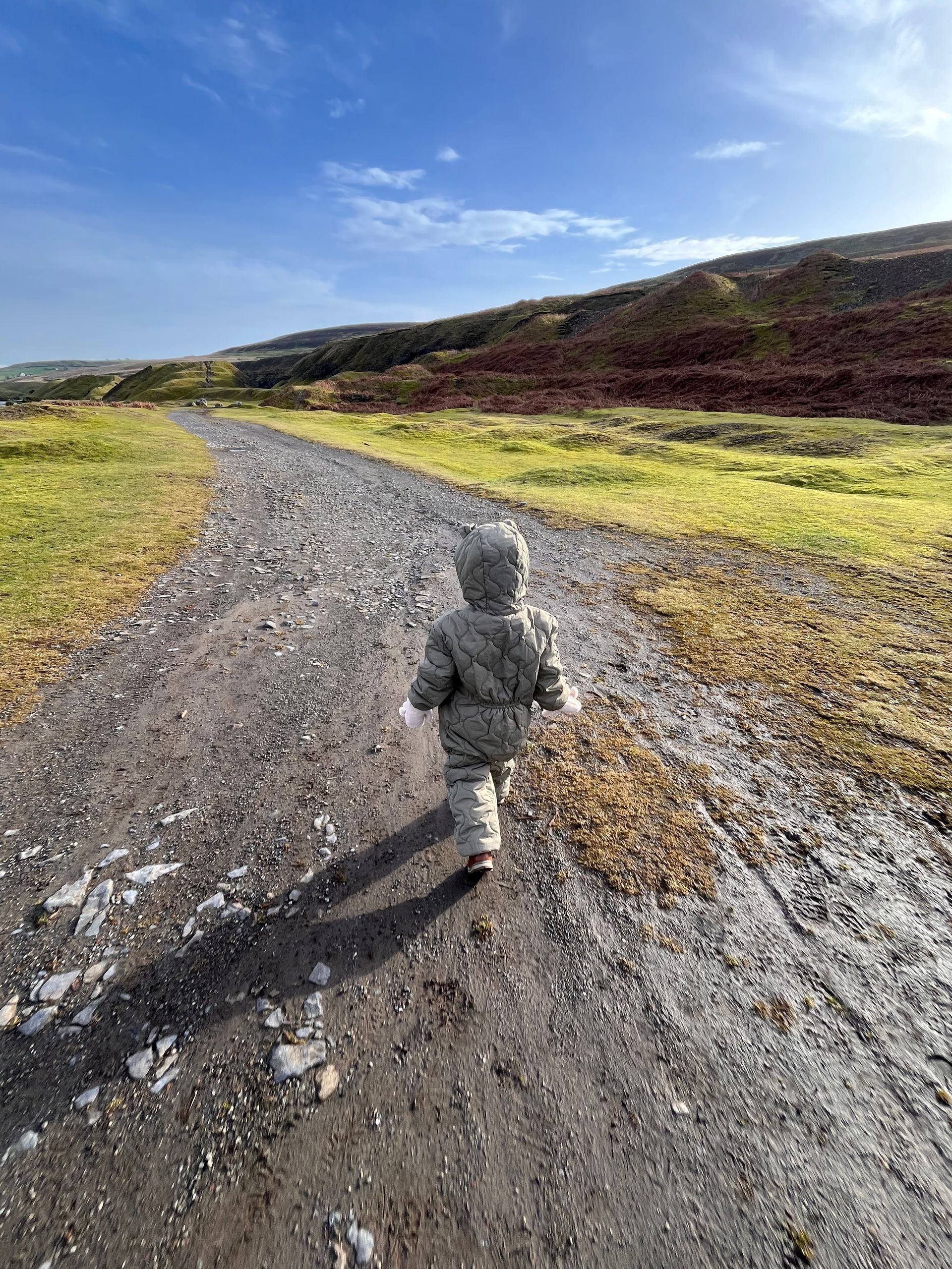 A toddler in a grey hooded jumpsuit walks away along a gravel path through a sunny, open landscape with rolling hills.