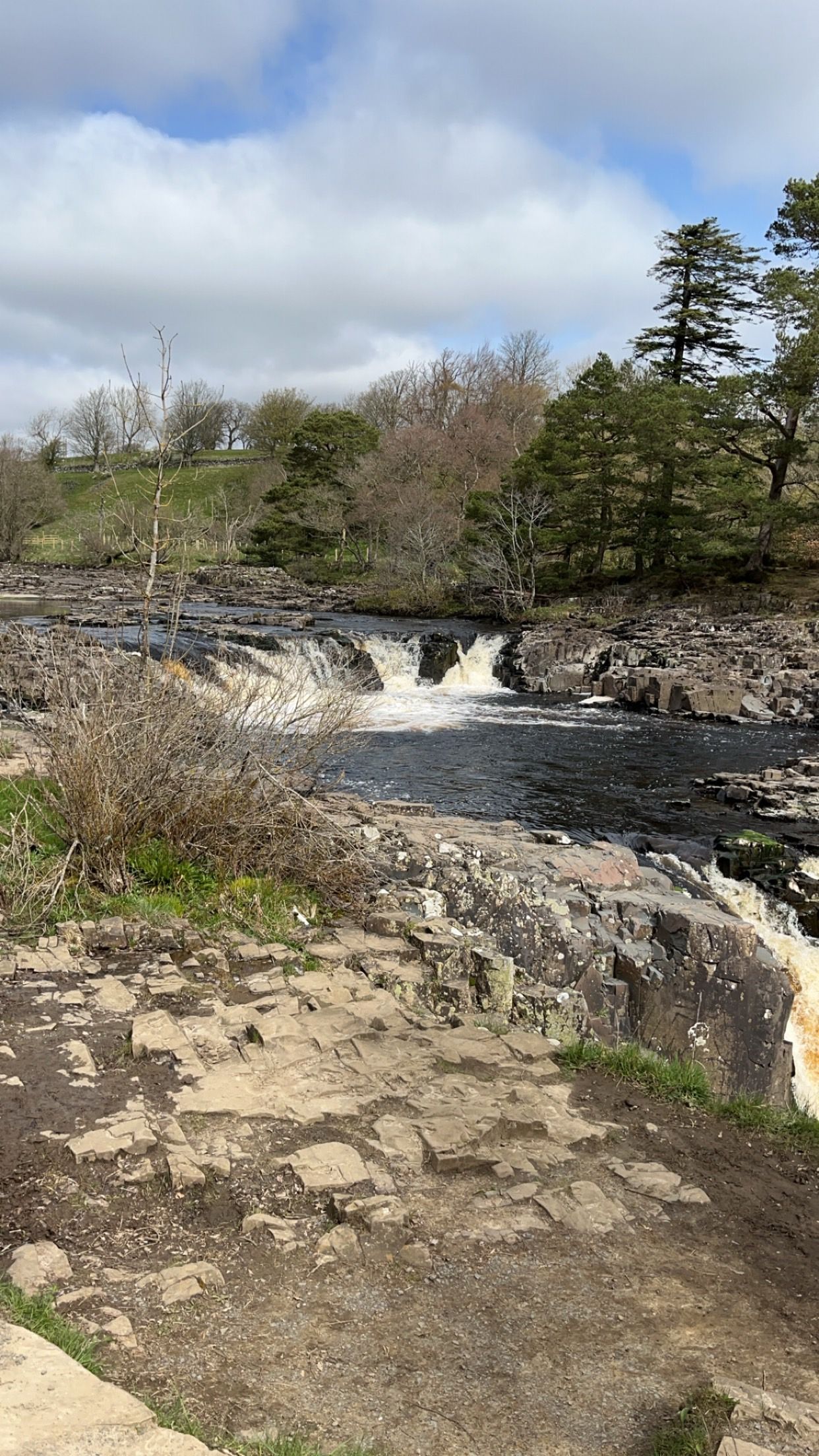 A cascading waterfall flows over dark, rocky terrain surrounded by green trees under a partly cloudy sky.