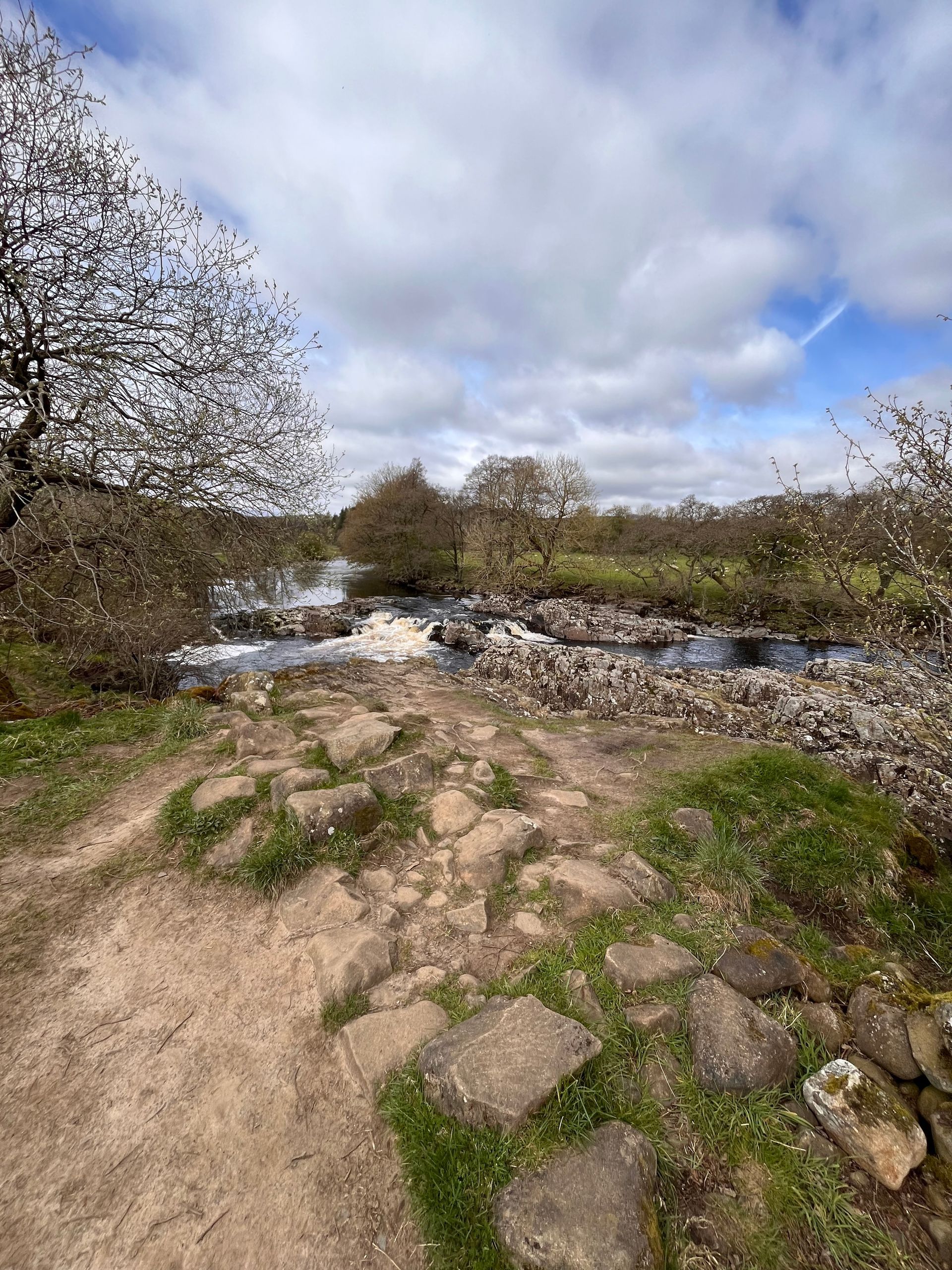 A rocky path leads down to a small, rushing river, flanked by bare trees under a cloudy blue sky.