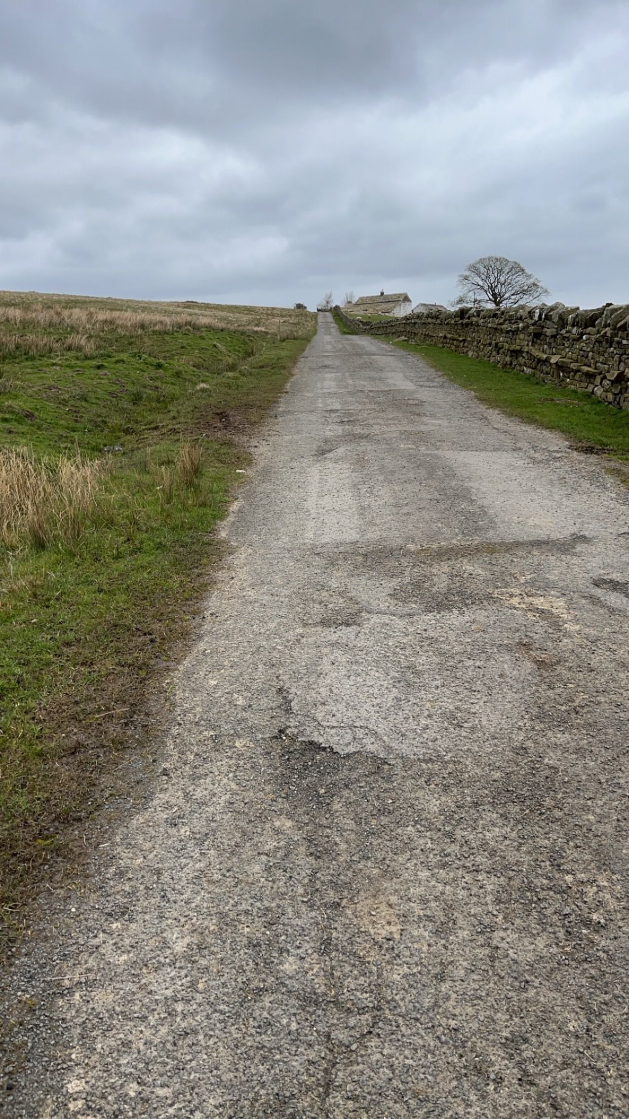 A narrow, weathered asphalt path leads uphill through a grassy landscape, bordered by a stone wall under a cloudy sky.