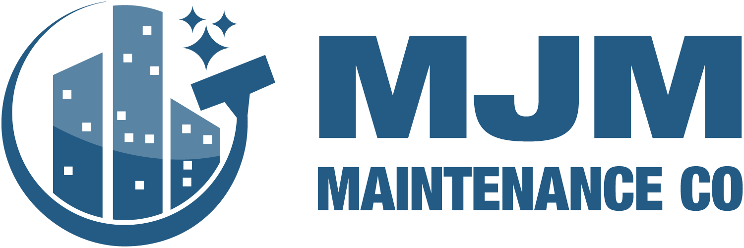 MJM Maintenance Co. logo with blue building icon and bold blue text