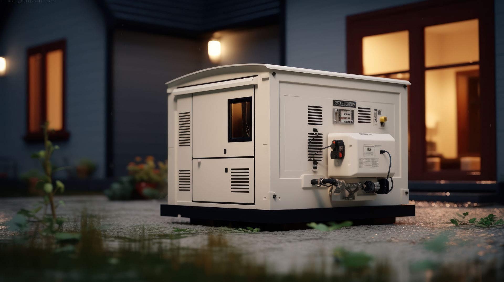 Un petit générateur blanc est assis devant une maison.