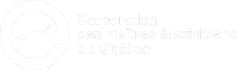 A white logo for a company called corporation des mètres et estimations.
