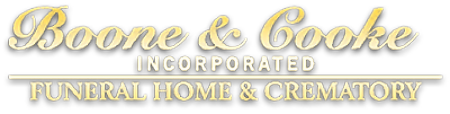 Boone & Cooke Incorporated Funeral Home & Crematory logo in gold script on a white background