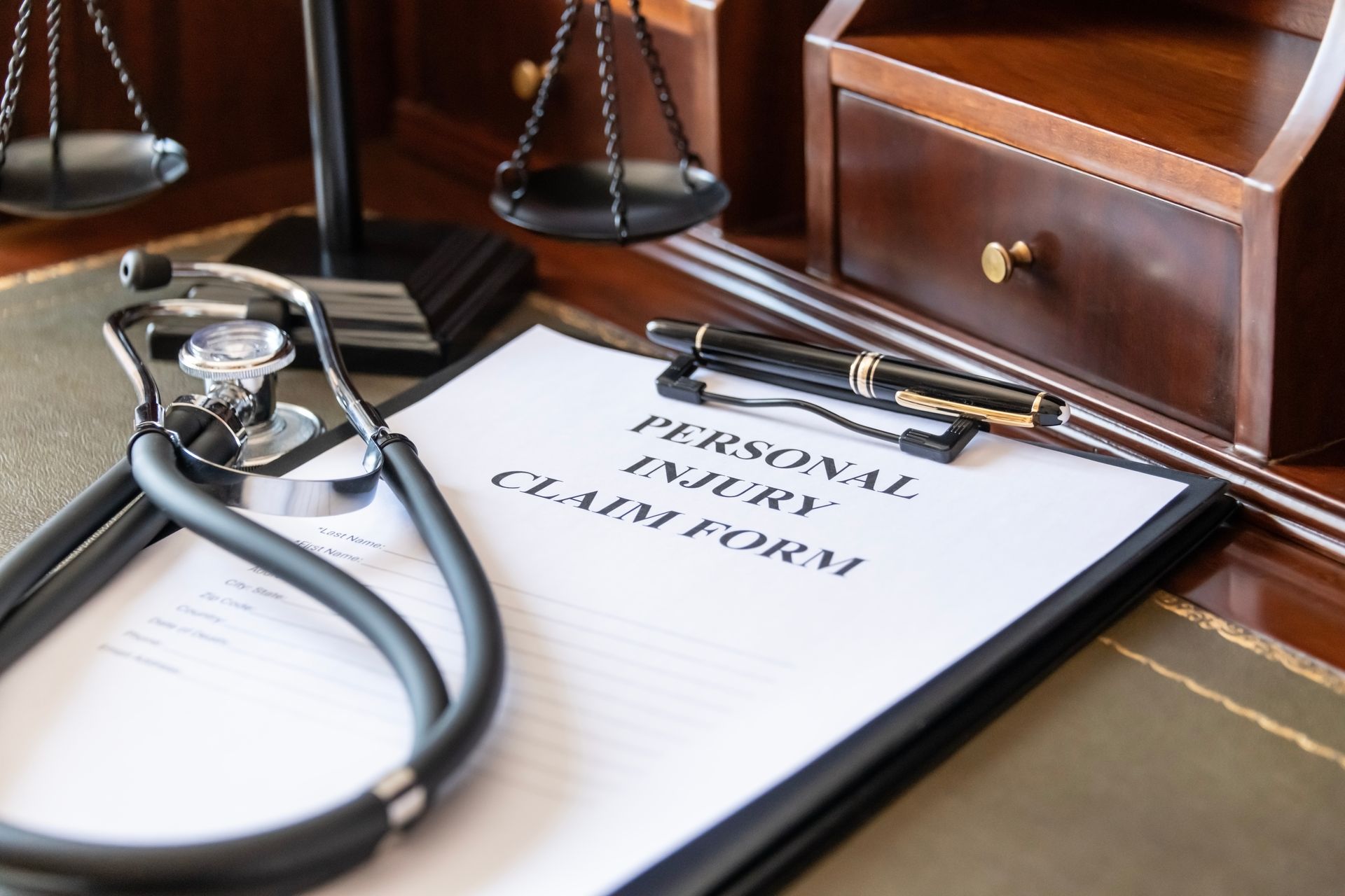 Personal injury claim form with stethoscope and scales on a personal injury attorney's desk