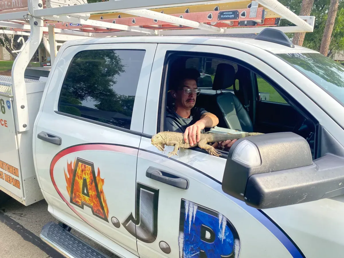 Man smiling from a white utility truck with AJB lettering and a roof rack, parked outdoors