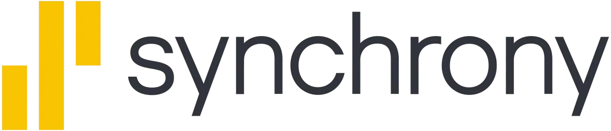 Synchrony logo with yellow bars and gray wordmark on a white background