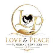 Gold “Love & Peace Funeral Services LLC” logo with dove and heart inside LP monogram