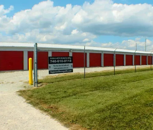 Row of red drive-up self-storage units at Superior Storage's Wheelersburg, OH facility