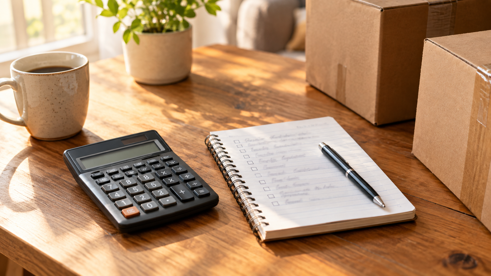Calculator and moving checklist on a table, budgeting for storage unit costs in Wheelersburg, Ohio