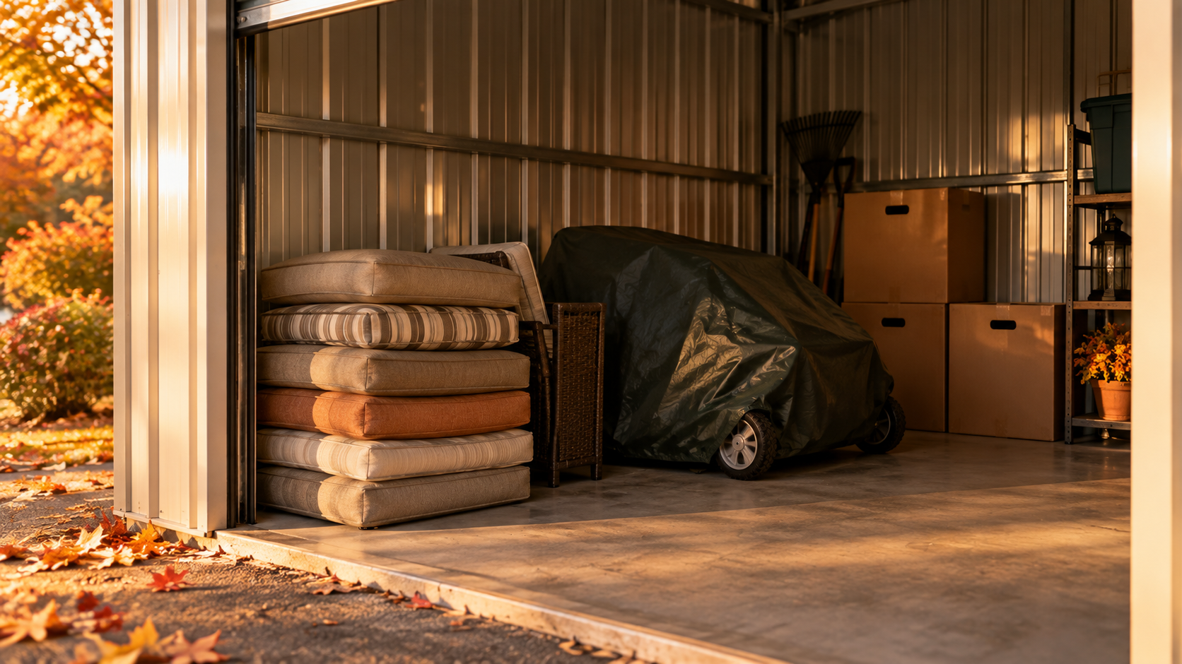 Fall storage prep with patio furniture and bins inside a Superior Storage unit