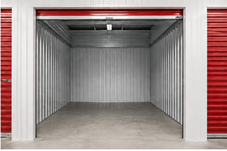 Interior view of a self storage unit with red door at Superior Storage's Wheelersburg, OH facility
