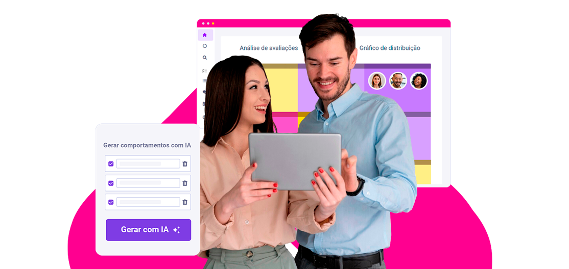 Homem e mulher segurando um tablet em frente a uma maquete rosa de um site e um formulário de login.