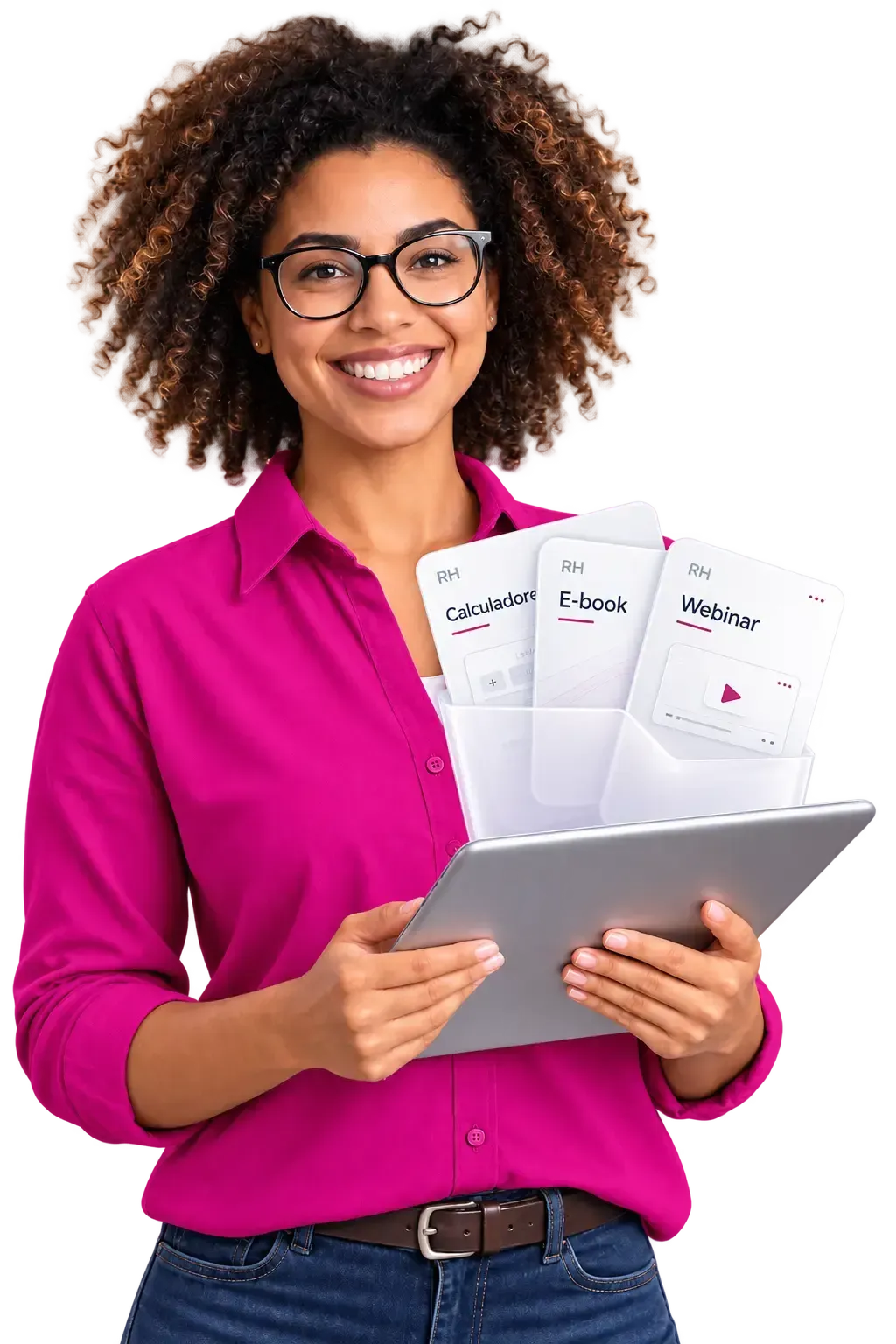 Gestora de RH sorrindo, segurando um tablet com um kit de calculadoras, e-book e webinar