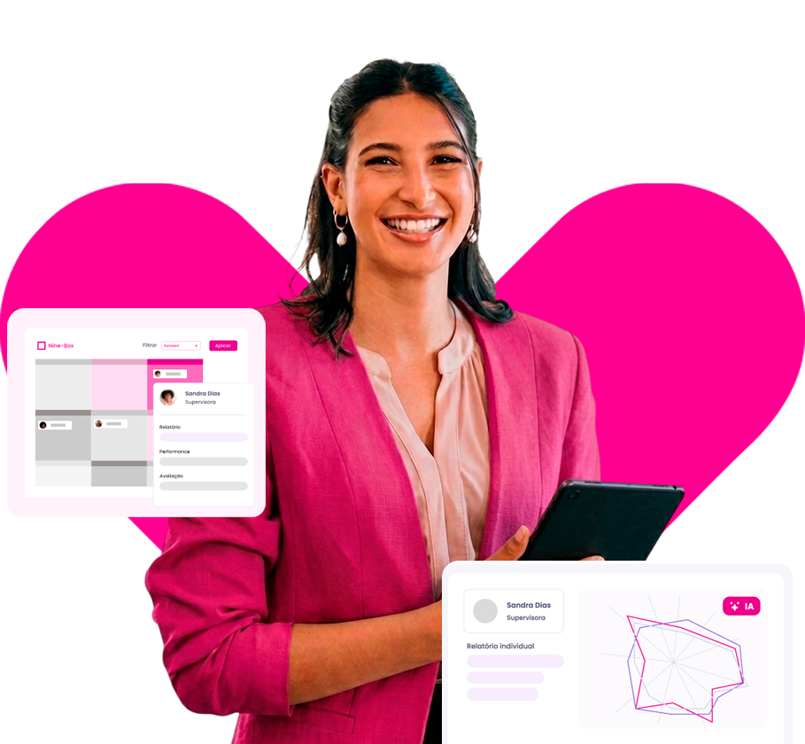 Mulher sorridente de blazer rosa segurando um tablet, com maquetes de interface de aplicativo sobre um fundo branco e um coração rosa em formato de coração.