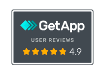 Selo de avaliação de usuários do GetApp com cinco estrelas douradas e classificação de 4,9 em um fundo cinza escuro.