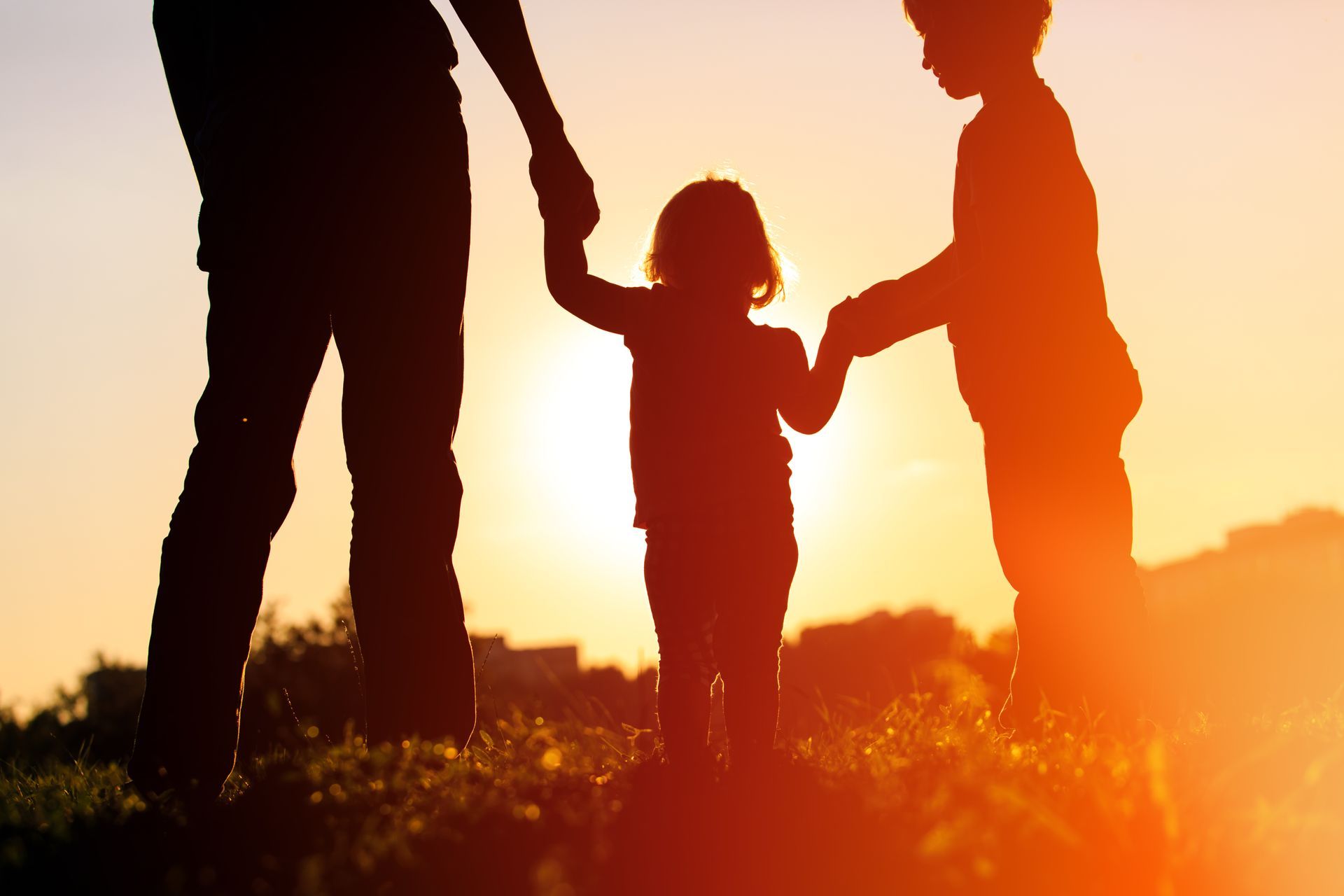 A man and two children are holding hands in a field at sunset.