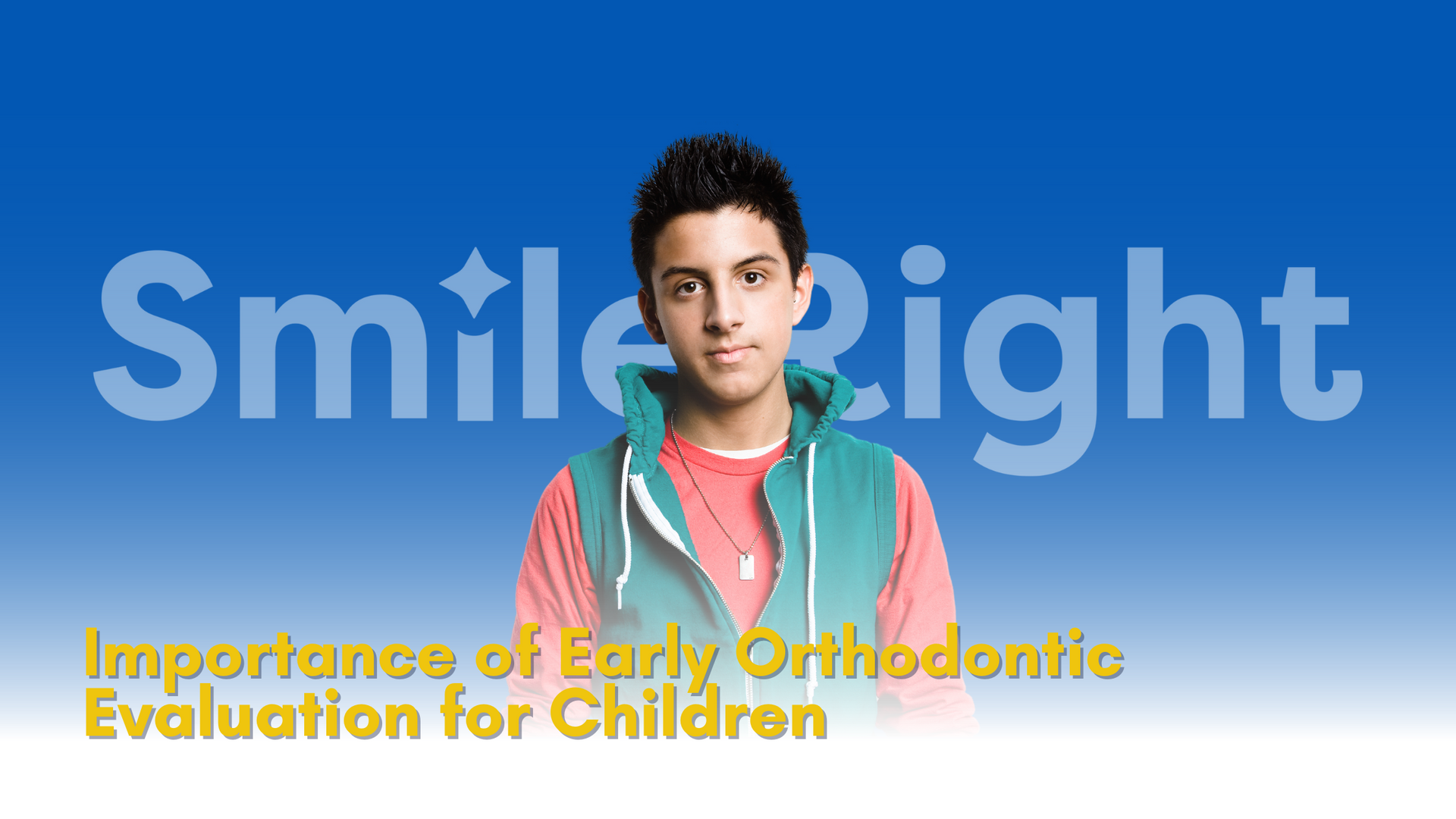 A young man is standing in front of a blue background that says smile right