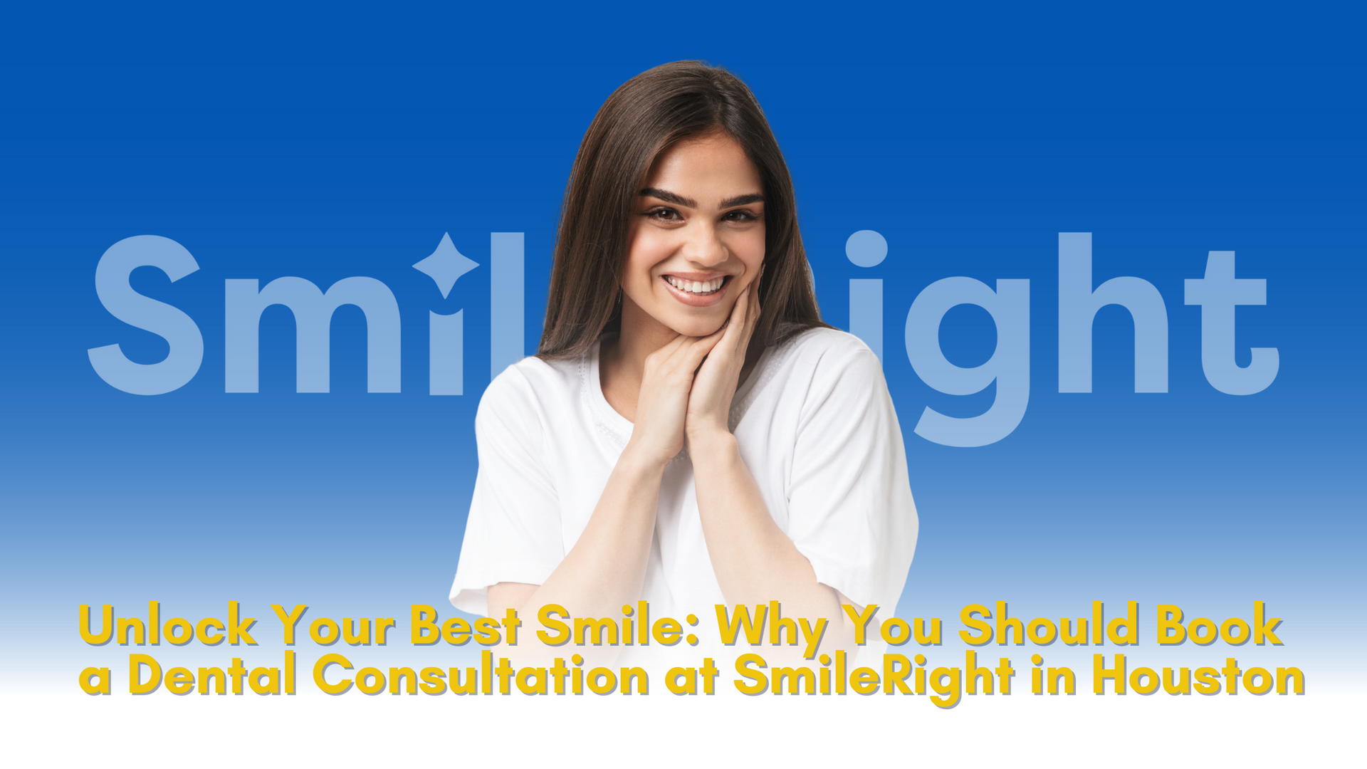 A woman is smiling in front of a blue background that says smilelight.