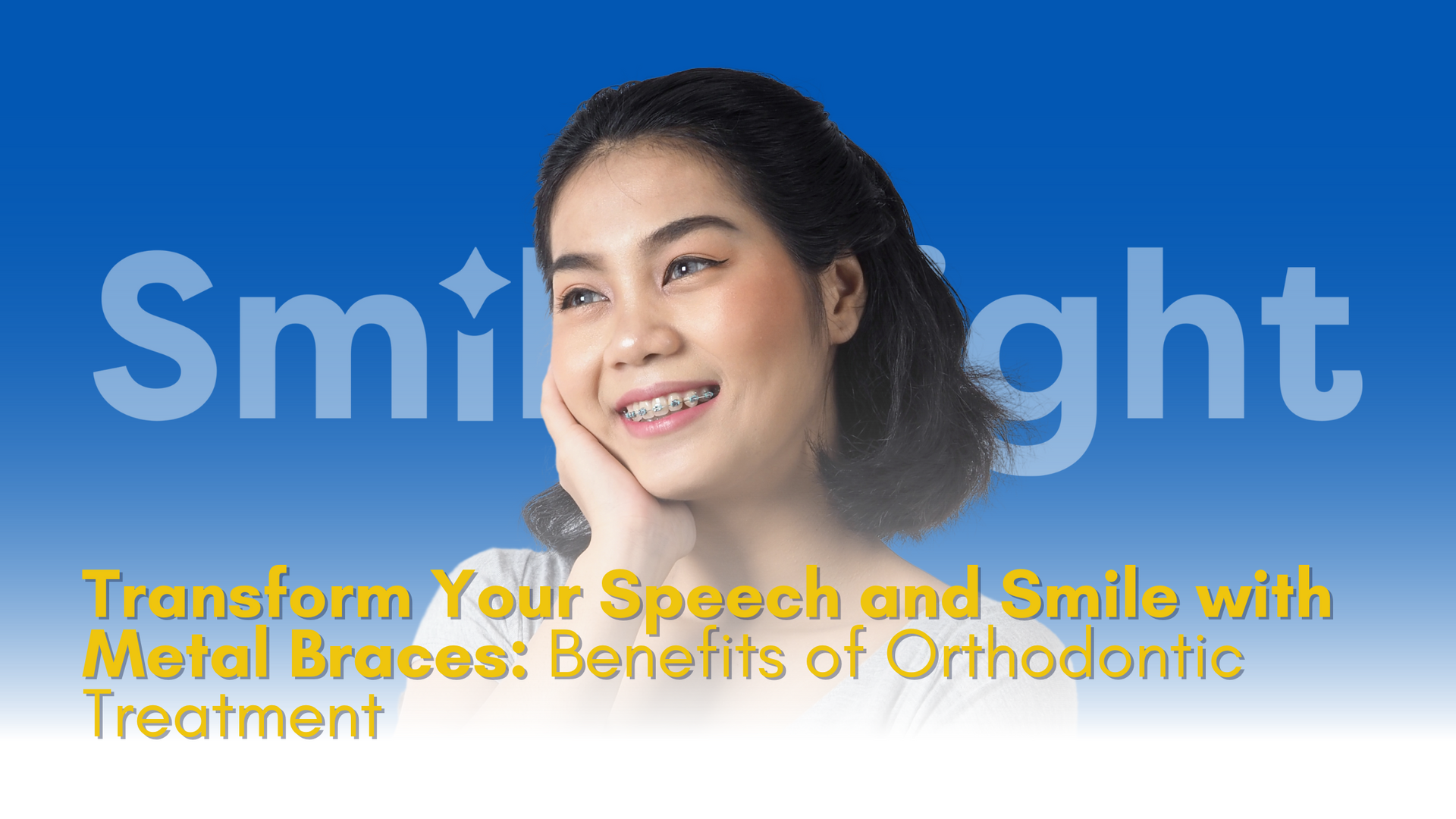 A woman with braces on her teeth is smiling.