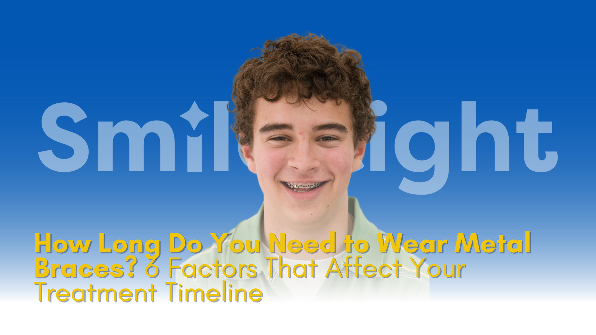 A young man with braces on his teeth is smiling in front of a blue background that says smile right