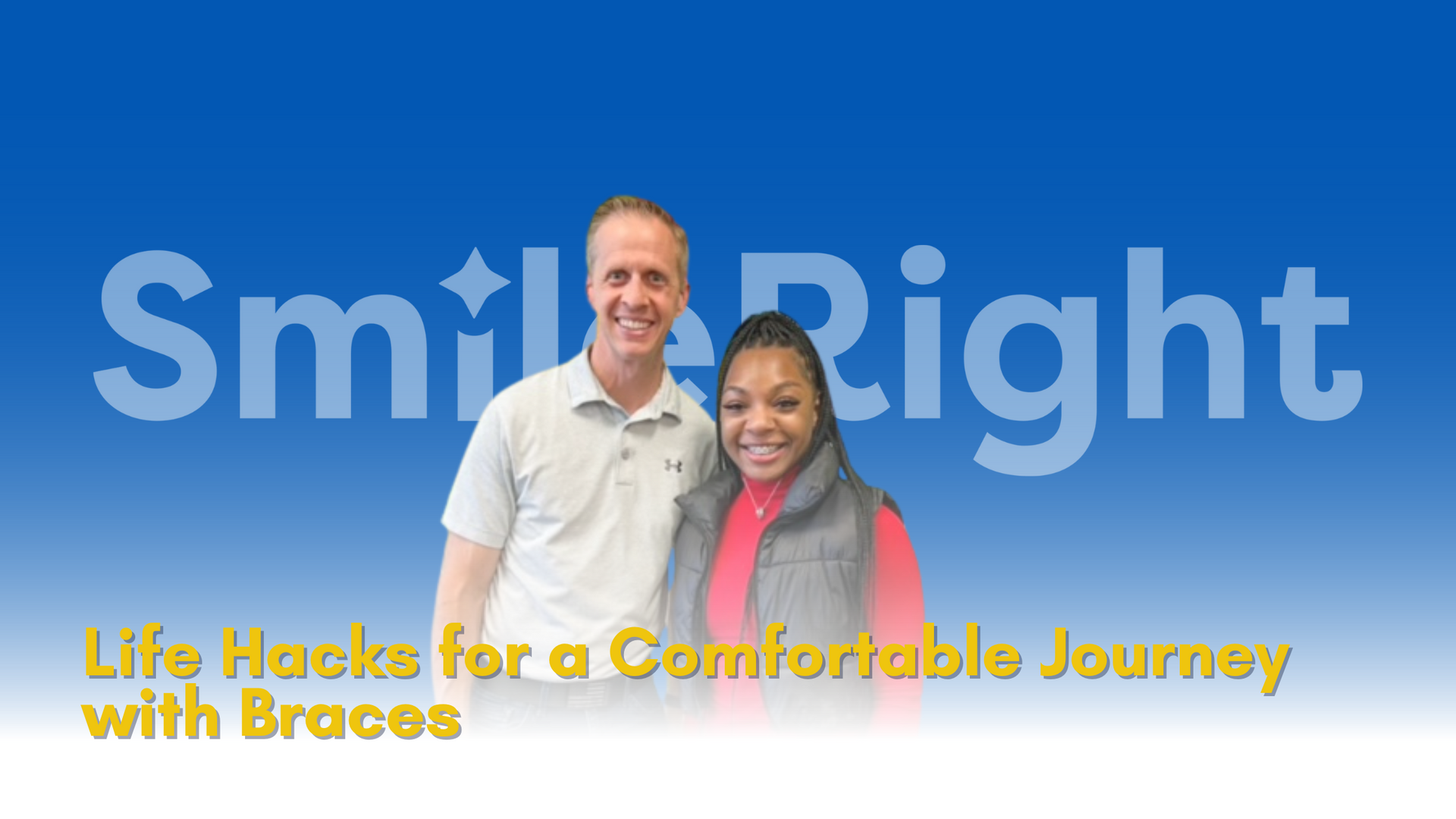 A man and a woman are posing for a picture with the words smile right in the background.