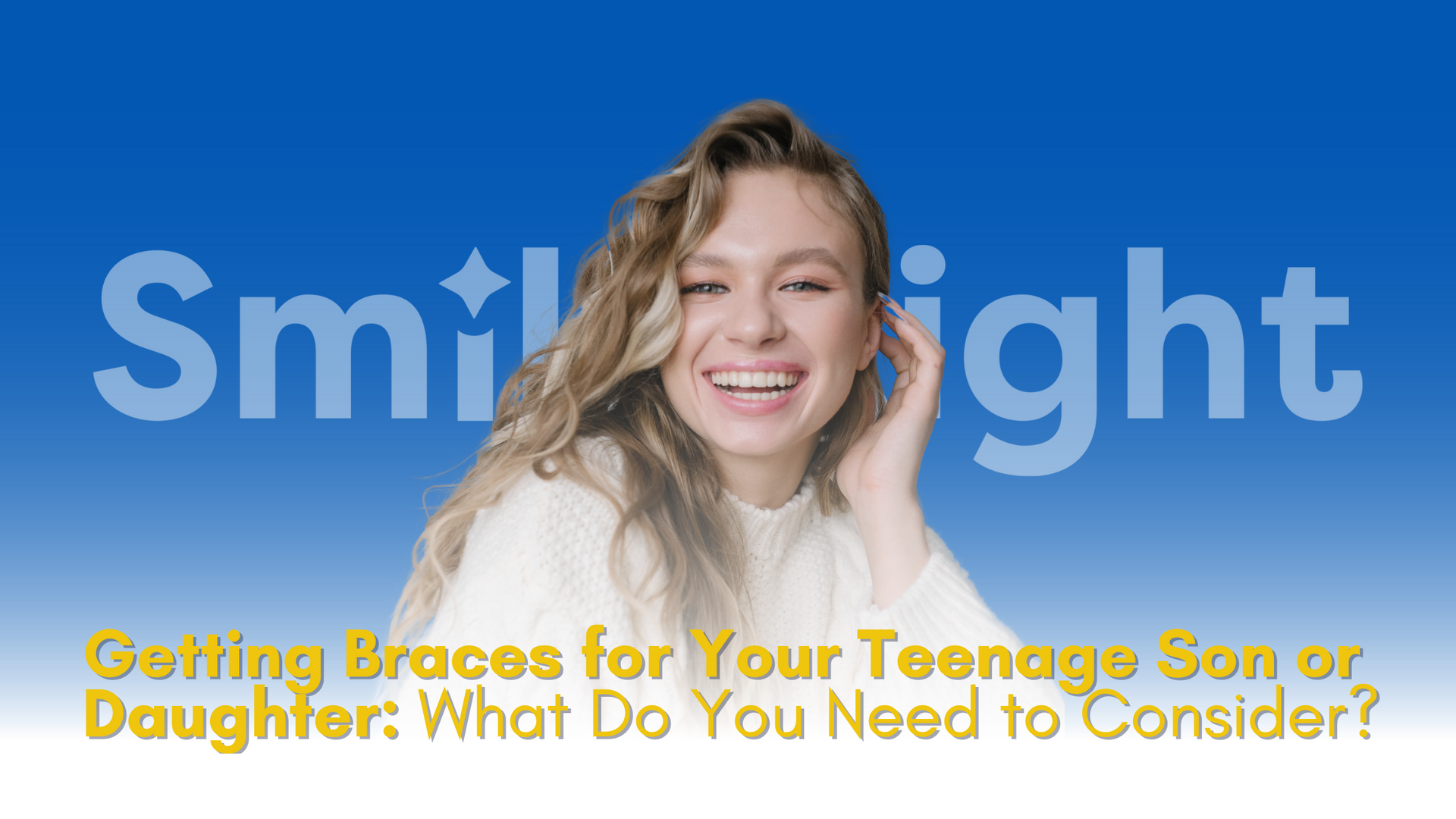 A woman is smiling and getting braces for her teenage son or daughter.