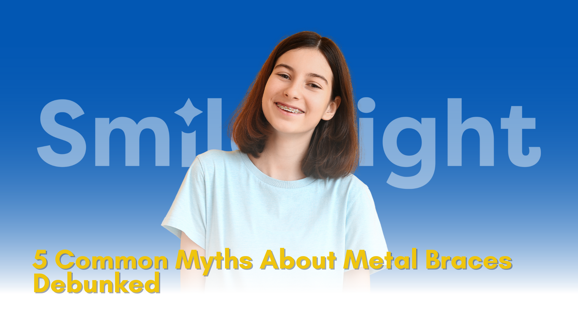 A young girl wearing metal braces is smiling in front of a blue background.