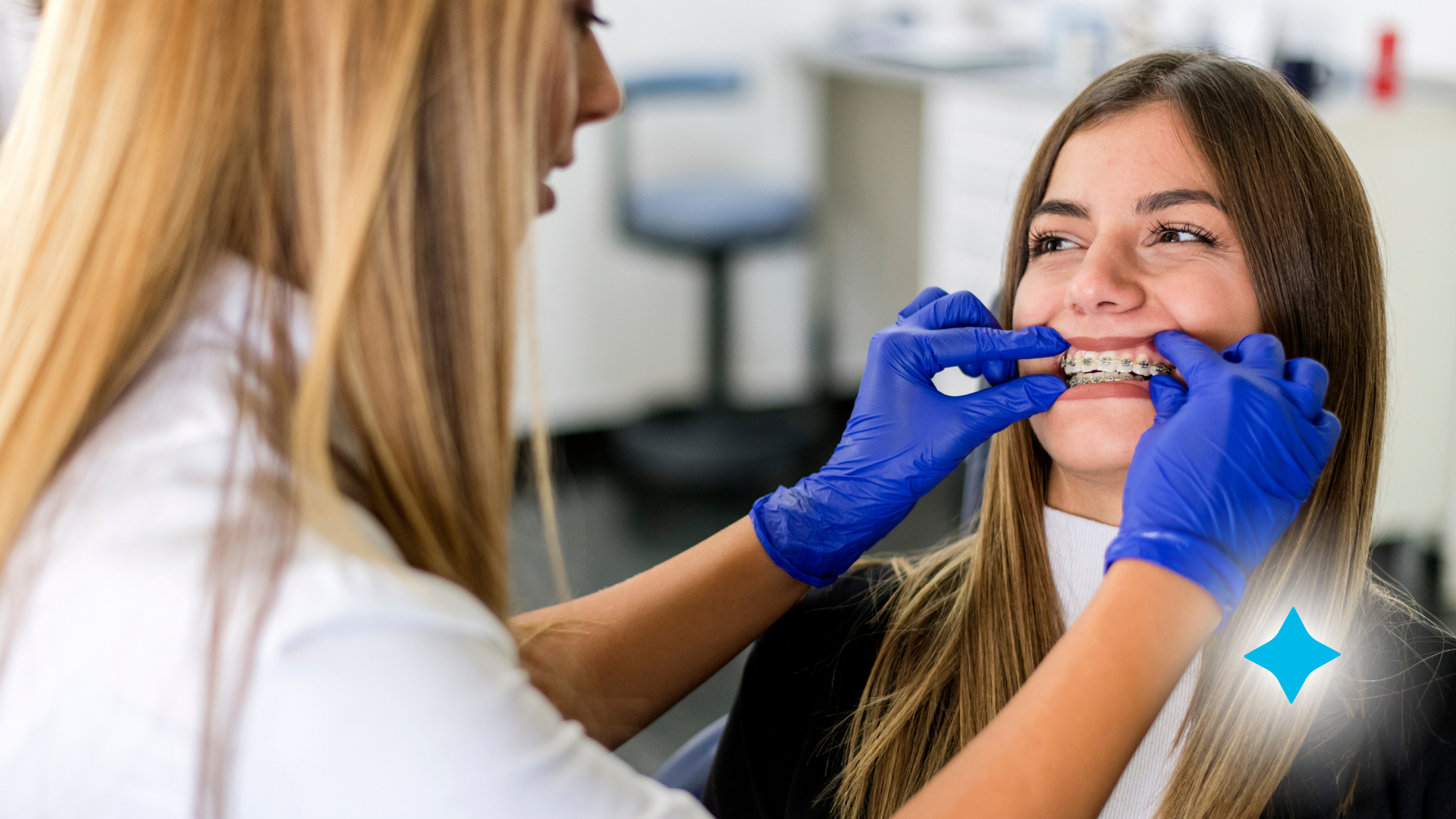 A woman is getting her teeth examined by an orthodontist.