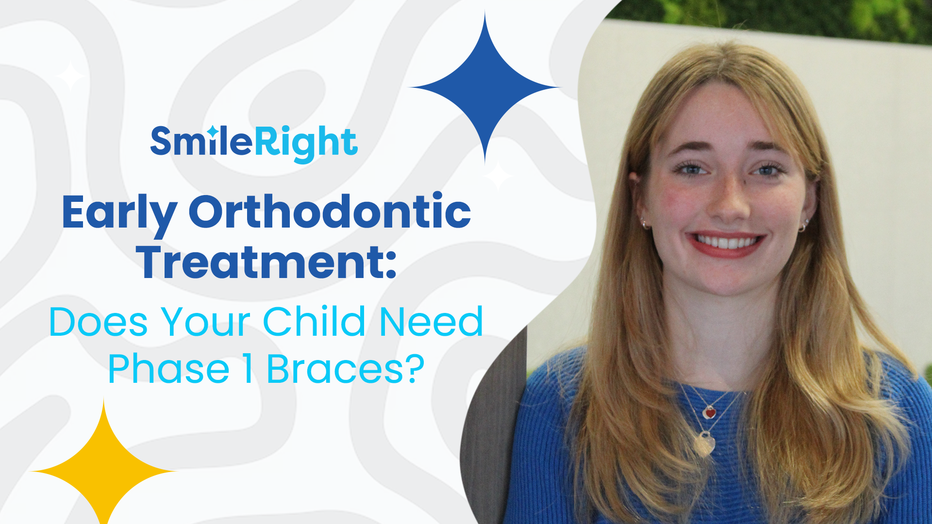 A woman is smiling and talking about early orthodontic treatment.